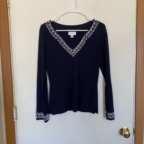Ann Taylor loft xs blue long sleeve, V-neck, top with wrist and neck line beads - Picture 1 of 5